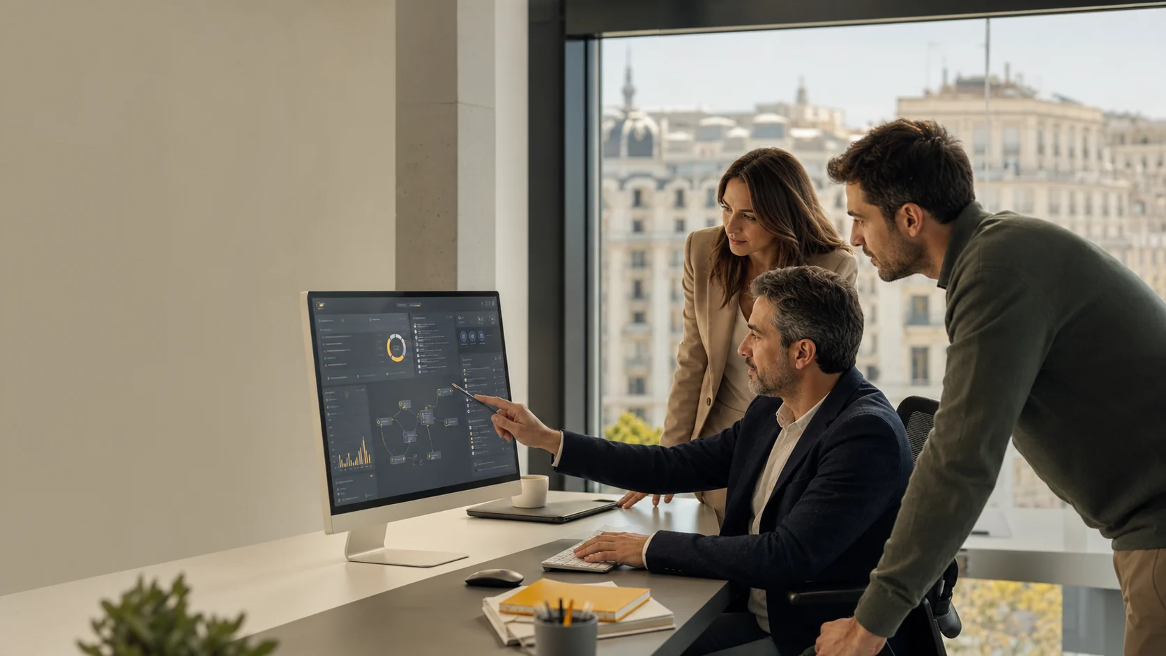 Equipo de una empresa de Madrid revisando un panel de inteligencia artificial, CRM y automatización